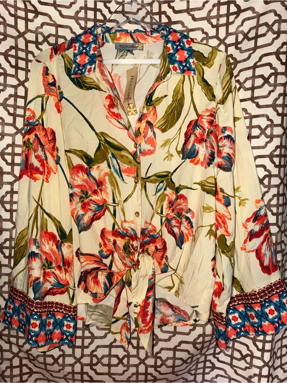 Casual Floral Tie-Front Blouse - Cream with Coral Floral